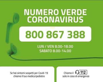 Coronavirus: per informazioni rivolgersi al numero verde 800 867 388